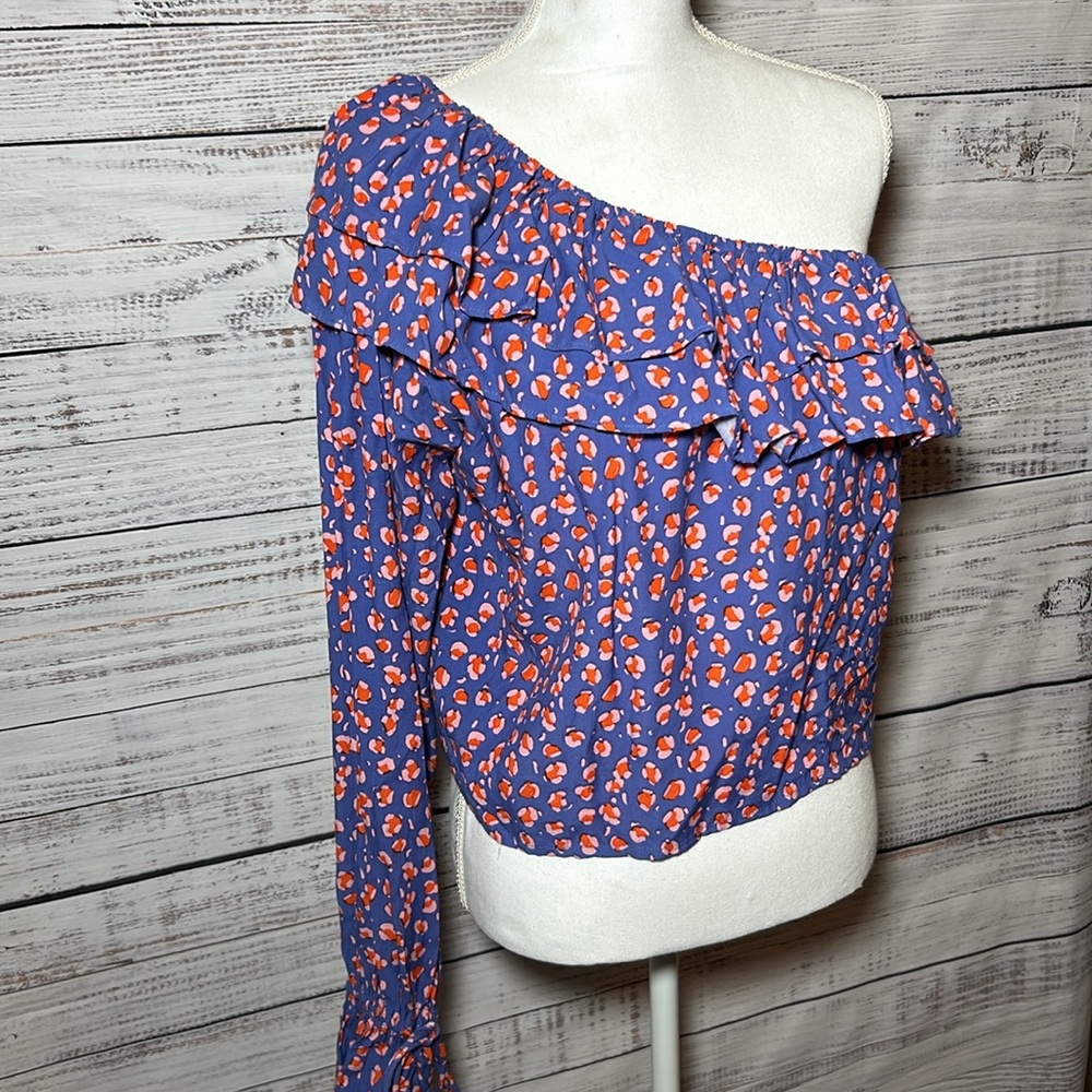 Rue Stiic Anthropologie One-Shoulder Leopard Blouse Purple Medium - Picture 6 of 16